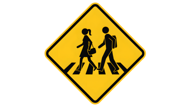 Bright yellow crossing sign featuring pedestrians for safety awareness campaigns, perfect for educational content and promoting road safety initiatives