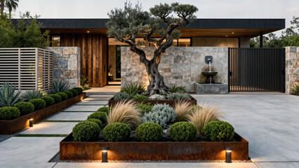 Aménagement extérieur design devant la maison avec allée, bordures, matériaux bruts tels que le bois vieilli, la pierre et l'acier corten, clôture  moderne en lames horizontales ajourés 