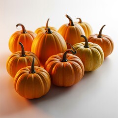 Obraz premium Pile of Ripe Orange Pumpkins with Stems on White Tabletop in Studio Lighting