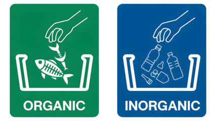 Clear icons visually separate organic and inorganic waste streams, promoting responsible disposal and recycling awareness for educational and informational purposes.