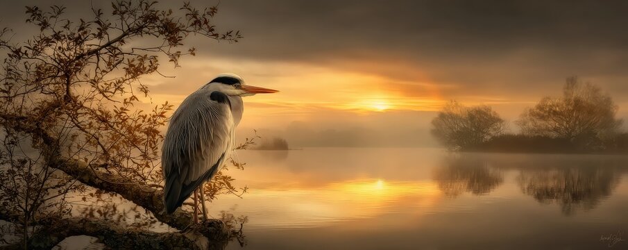 A serene heron perched on a branch at sunrise, reflecting on calm waters surrounded by misty trees.