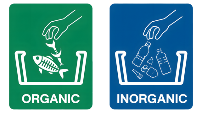 Clear icons visually separate organic and inorganic waste streams, promoting responsible disposal and recycling awareness for educational and informational purposes.