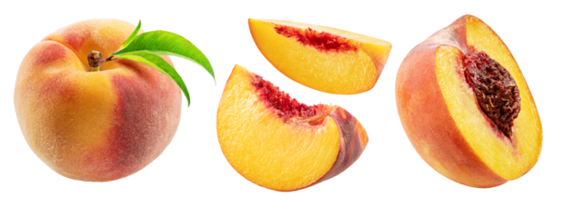 Set of red peach, juicy peach slices isolated on white background. File contains clipping paths.