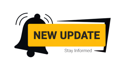 Urgent NEW UPDATE notification with bell icon alerts for important announcements and breaking news alerts, informing everyone immediately.