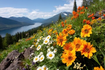 Fototapeta premium A vibrant display of wildflowers against a stunning mountain lakeside backdrop.