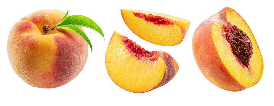 Set of red peach, juicy peach slices isolated on white background. File contains clipping paths.