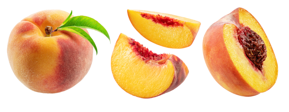 Set of red peach, juicy peach slices isolated on white background. File contains clipping paths.