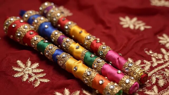 Close Up Of Three Traditional Decorative Dandiya Sticks With Colorful Ribbons Sequins And Gold Embellishments On A Red Textured Fabric Background