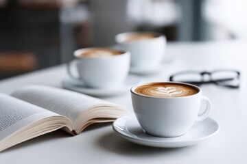A cozy scene featuring coffee cups beside an open book on a table, perfect for relaxation.