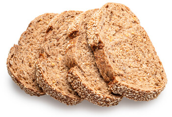 Slices of rye bread with sesame seeds isolated white background. File contains clipping paths.
