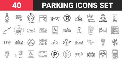 Parking icon set. Black and white linear minimal icons of parking signs, vehicles, meters, gates, and zones. Editable stroke vector collection.