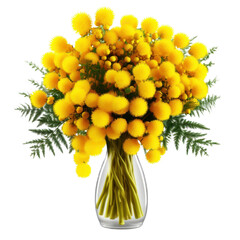 Bouquet of mimosa flowers in a clear vase against a black background transparent background, png