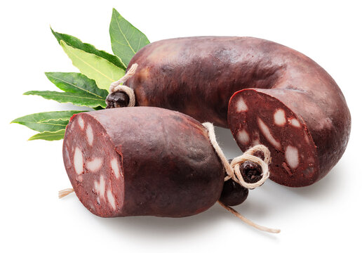 Blood sausage with pork fat pieces on white background. File contains clipping paths.