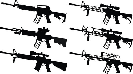 Dynamic collection of modern assault rifle silhouettes, ideal for tactical design, military themes, and strategic game elements