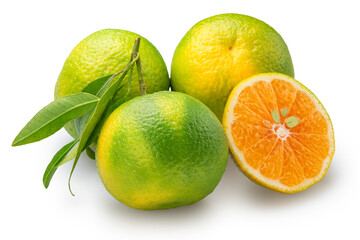 Green tangerine and cross section of tangerine fruit isolated on white background. File contains clipping paths.