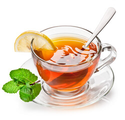 Glass cup of black tea with a lemon slice and fresh mint leaves isolated on a white background.