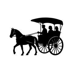 Silhouette of Horse Drawn Carriage with Passengers Vintage Transport Icon.