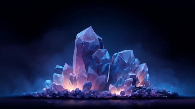 Abstract cgi animation of luminous gemstone cluster glowing crystals on black background