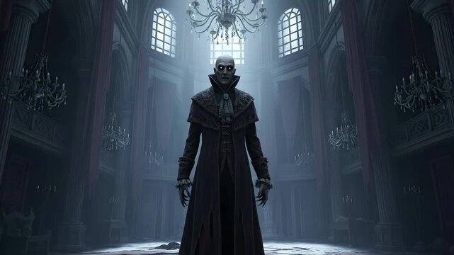 Vampire standing in grand hall. Gothic horror scene for Halloween, dark fantasy films, and horror games. Evil vampire, scary, mysterious, night, dark, Dracula. Perfect for themed party.