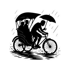 Rainy Day Rickshaw Ride Traditional Cycle Rickshaw Silhouette Vector