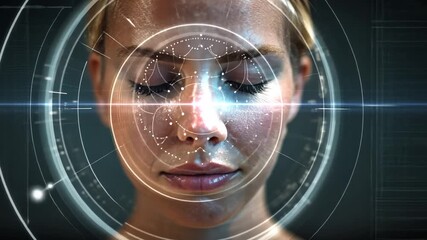 Technological Reflection: A tranquil woman's face, her eyes serenely closed, is interwoven with a futuristic digital interface, symbolizing the fusion of technology and the human essence. - Powered by Adobe