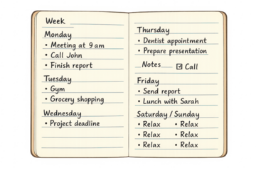 Weekly planner notebook showing business and personal tasks