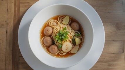 Delicious Asian Noodle Soup with Meatballs, Lime, and Herbs. Overhead View of Savory Broth Dish