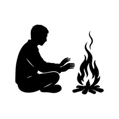 Silhouette of Person Warming Hands by Campfire Outdoor Survival Icon