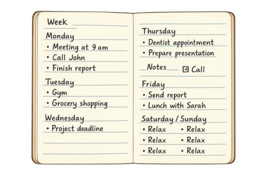 Weekly planner notebook showing business and personal tasks