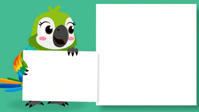 Cute Green Parrot Holding Blank Sign for Text.
