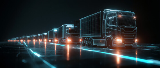 Fototapeta na wymiar Fleet of cargo trucks transporting goods along a highway at night