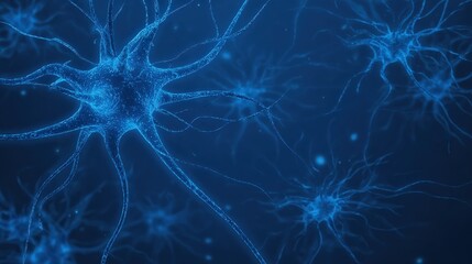 A close-up view of blue neurons in a dark background, showcasing intricate structures and connections, representing the complexity of the nervous system.