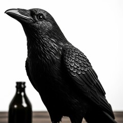 Fototapeta premium Close Up of a Black Raven Statue Against a Neutral Background