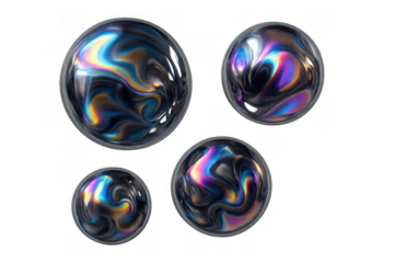 Iridescent spheres reflecting holographic liquid metal colors, abstract chrome bubbles, vibrant abstract 3d elements