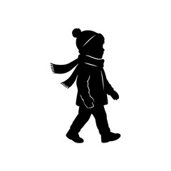 Winter Child Silhouette Walking with Hat and Scarf Icon.