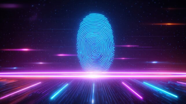 A vibrant digital fingerprint surrounded by streaks of light, creating a futuristic and technological atmosphere.