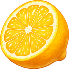 A bright yellow citrus fruit sliced in half, showing the juicy segments and texture of the pulp isolated