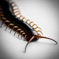 Obraz premium Close up Centipede on White Surface Macro Image of Brown Insect