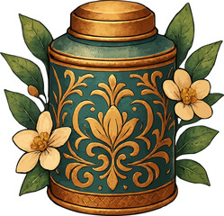 An ornate metal tea caddy decorated with a detailed golden floral pattern surrounded by green leaves and white blossoms