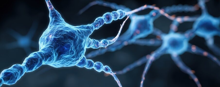 The image showcases a detailed depiction of neurons, illustrating their complex structures and connections in a vibrant, blue color scheme. - Powered by Adobe