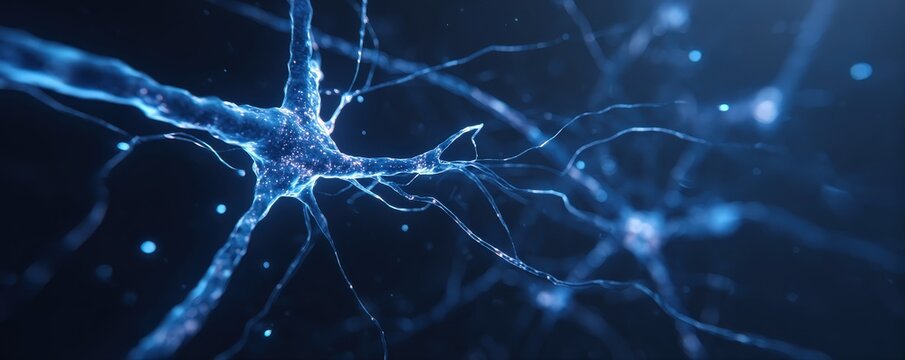 A detailed view of a neuron, showcasing its intricate structure and connections, illuminated by blue light, highlighting the complexity of the nervous system.