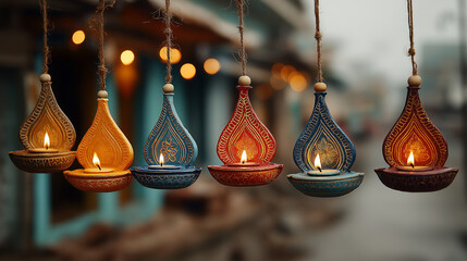 colorful oil lampdiwali diya hanging decoration.celebration in the diwali 