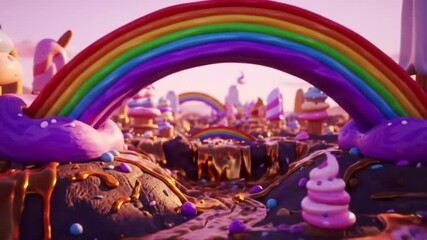 Colorful candy landscape with rainbow arches, ice cream cones, and whimsical sweets under a pastel sky - Powered by Adobe