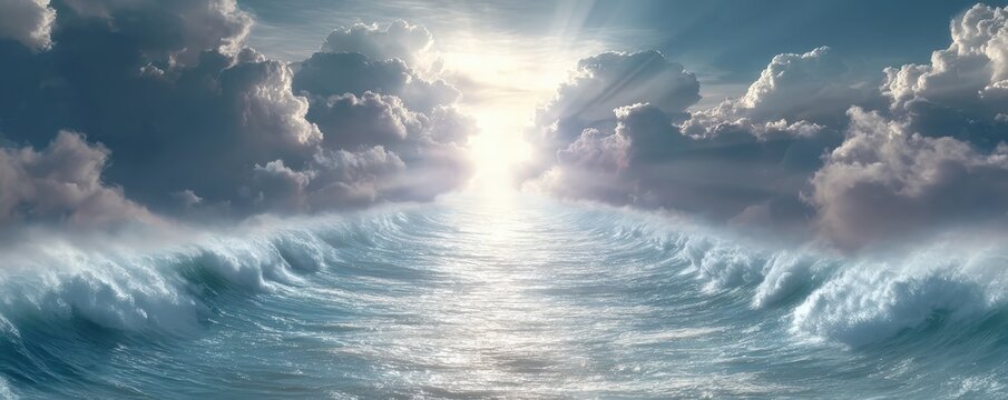 A serene ocean scene with waves and sun rays breaking through clouds, creating a tranquil and captivating atmosphere. - Powered by Adobe
