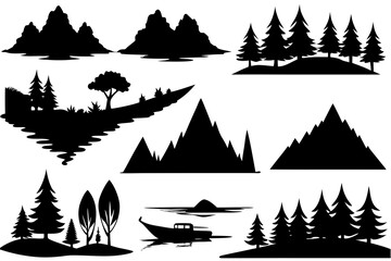 set of River and Lake Silhouette Vector Set Isolated on White Background