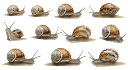 A grid of twelve garden snails with brown spiraled shells slowly moving across a clean white background, casting soft shadows.