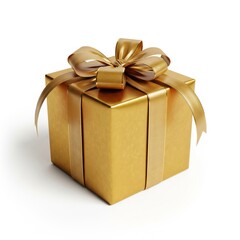 Golden Gift Box Wrapped with Ribbon on White Background in Studio Lighting