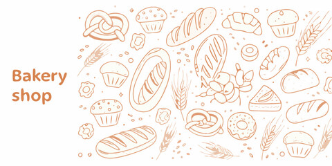 Hand drawn bakery shop illustration with various baked goods and wheat ears on a white background