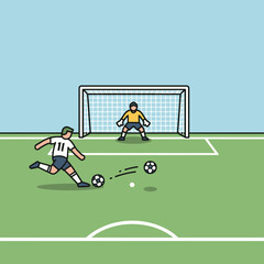 Fototapeta premium A cartoon illustration of a soccer player kicking a ball towards the goal with a goalkeeper ready to save it on a green field.