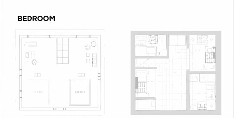 Architectural floor plan sketches of a modern bedroom and living space with furniture layouts